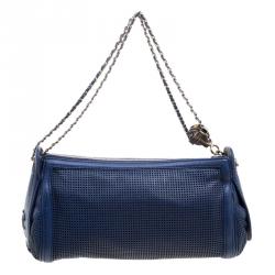 Pre Owned حقيبة كتف شانيل كاميرا جلد أزرق مثقب ببكرة