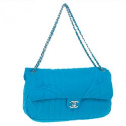 Pre Owned Chanel Blue Nylon Flap Bag