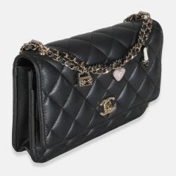 Pre Owned Chanel Black Pearly Quilted Lambskin Charms Wallet On Chain
