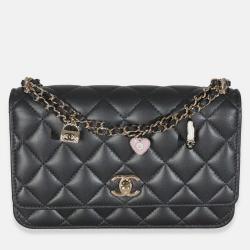 Pre Owned Chanel Black Pearly Quilted Lambskin Charms Wallet On Chain
