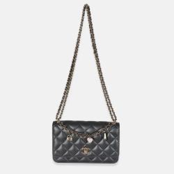 Pre Owned Chanel Black Pearly Quilted Lambskin Charms Wallet On Chain