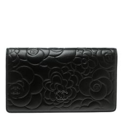 Chanel Black Camellia Embossed Leather L Yen Wallet