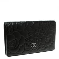 Chanel Black Camellia Embossed Leather L Yen Wallet