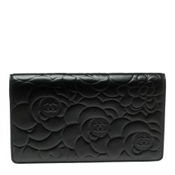 Chanel Black Camellia Embossed Leather L Yen Wallet
