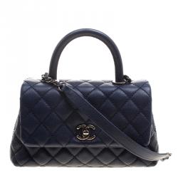 CHANEL Metallic Caviar Quilted Extra Mini Coco Handle Flap Dark Blue 671117