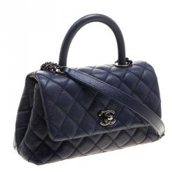 Pre Owned Chanel Navy Blue Quilted Caviar Leather Mini Coco Top Handle Bag