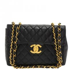 Pre Owned Chanel Black Quilted Leather Jumbo Vintage Classic Flap Bag