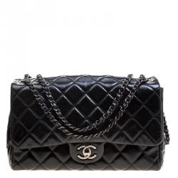 Pre Owned Chanel Black Quilted Leather Jumbo Classic Single Flap Bag