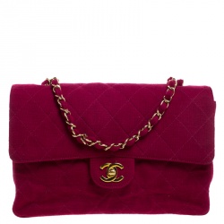 Pre Owned Chanel Magenta Quilted Jersey Medium Classic Single Flap Bag