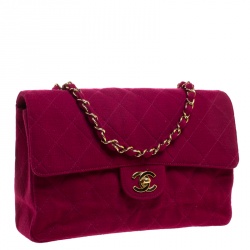 Pre Owned Chanel Magenta Quilted Jersey Medium Classic Single Flap Bag