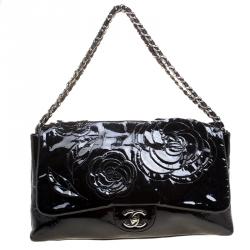 Chanel Black Patent Leather Camellia Flap Shoulder Bag Chanel