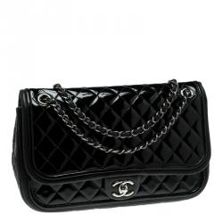 Pre Owned Chanel Black Quilted Patent Leather Classic Flap Bag