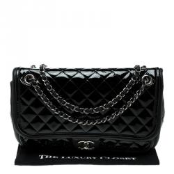 Pre Owned Chanel Black Quilted Patent Leather Classic Flap Bag