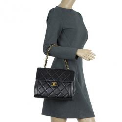 Pre Owned Chanel Black Lambskin Square Flap Bag