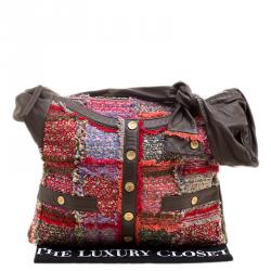 مملوكة مسبقًا حقيبة شانيل غيرل كبيرة جلد وشراشيب تويد متعددة الألوان/ كاكية