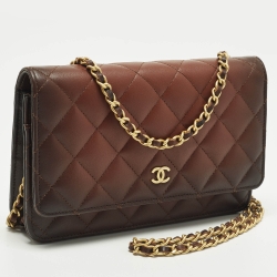 Pre Owned Chanel Classic Brown Ombre Quilted Leather Wallet On Chain