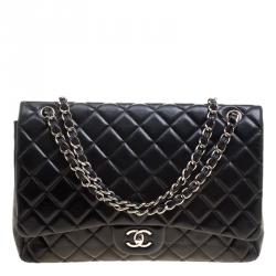 Pre Owned حقيبة شانيل ماكسي كلاسيك جلد مبطن بقلاب مزدوج سوداء