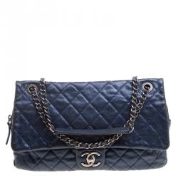 Pre Owned Chanel Blue Quilted Caviar Leather Large Easy Flap Bag