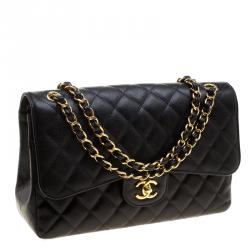 Pre Owned حقيبة شانيل جامبو كلاسيك جلد أسود مبطن بقلاب مزدوج