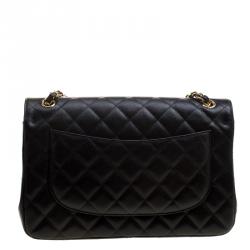 Pre Owned حقيبة شانيل جامبو كلاسيك جلد أسود مبطن بقلاب مزدوج