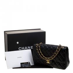 Pre Owned حقيبة شانيل جامبو كلاسيك جلد أسود مبطن بقلاب مزدوج