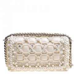 Pre Owned حقيبة شانيل قلاب بوي مزخرف خرزات متوسطة جلد بيضاء