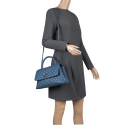 Pre Owned Chanel Blue Quilted Caviar Leather Small Coco Top Handle Bag