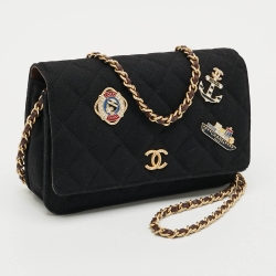 Pre Owned Chanel Paris-Hamburg Runway Black Quilted Fabric Wallet On Chain