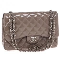 Pre Owned Chanel Beige Patent Classic Jumbo Flap Bag
