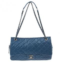 Pre Owned Chanel Metallic Blue Caviar Leather Medium Flap Bag