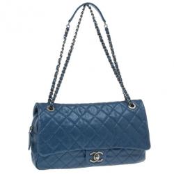 Pre Owned Chanel Metallic Blue Caviar Leather Medium Flap Bag