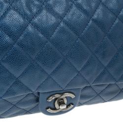 Pre Owned Chanel Metallic Blue Caviar Leather Medium Flap Bag