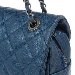 Pre Owned Chanel Metallic Blue Caviar Leather Medium Flap Bag