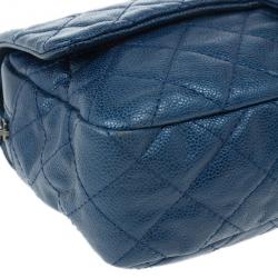 Pre Owned Chanel Metallic Blue Caviar Leather Medium Flap Bag