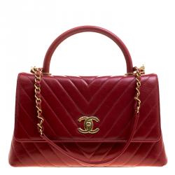 Pre Owned Chanel Red Chevron Quilted Leather Small Coco Top Handle Bag