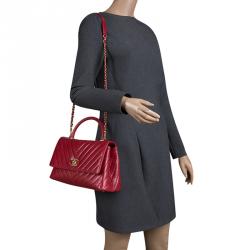 Pre Owned Chanel Red Chevron Quilted Leather Small Coco Top Handle Bag