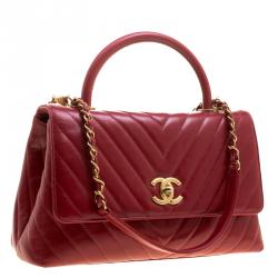Pre Owned Chanel Red Chevron Quilted Leather Small Coco Top Handle Bag