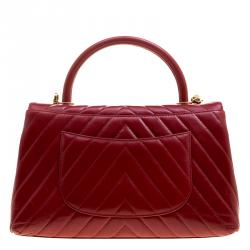 Pre Owned Chanel Red Chevron Quilted Leather Small Coco Top Handle Bag