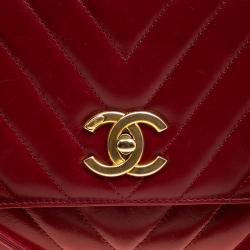 Pre Owned Chanel Red Chevron Quilted Leather Small Coco Top Handle Bag