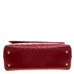 Pre Owned Chanel Red Chevron Quilted Leather Small Coco Top Handle Bag