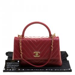 Pre Owned Chanel Red Chevron Quilted Leather Small Coco Top Handle Bag