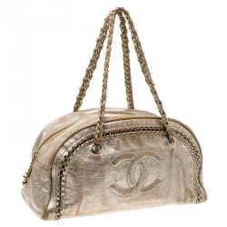 Pre Owned Chanel Metallic Gold Leather Medium Chain Trim Luxe Ligne Bowler Boston Bag