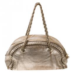Pre Owned Chanel Metallic Gold Leather Medium Chain Trim Luxe Ligne Bowler Boston Bag