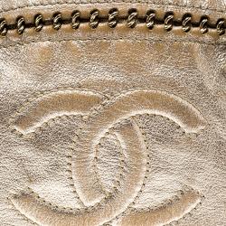 Pre Owned Chanel Metallic Gold Leather Medium Chain Trim Luxe Ligne Bowler Boston Bag