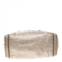 Pre Owned Chanel Metallic Gold Leather Medium Chain Trim Luxe Ligne Bowler Boston Bag