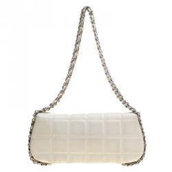 Chanel White Square Quilted Leather East West Baguette Flap Bag