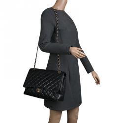 Pre Owned حقيبة شانيل ماكسي كلاسيك بقلاب واحد جلد مبطن سوداء