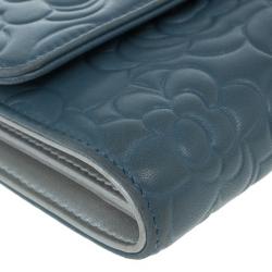 Chanel Blue Lambskin Camellia Flap Wallet