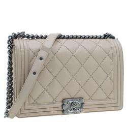 مملوكة مسبقًا Chanel Beige Leather Large Quilted Stitched Boy Bag