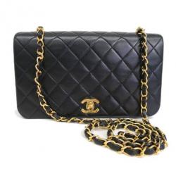 Pre Owned Chanel Black Lambskin Single Flap Shoulder Bag